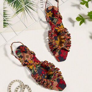 Multicolor Casual Women's Faux Suede Sandals with Floral Patterns